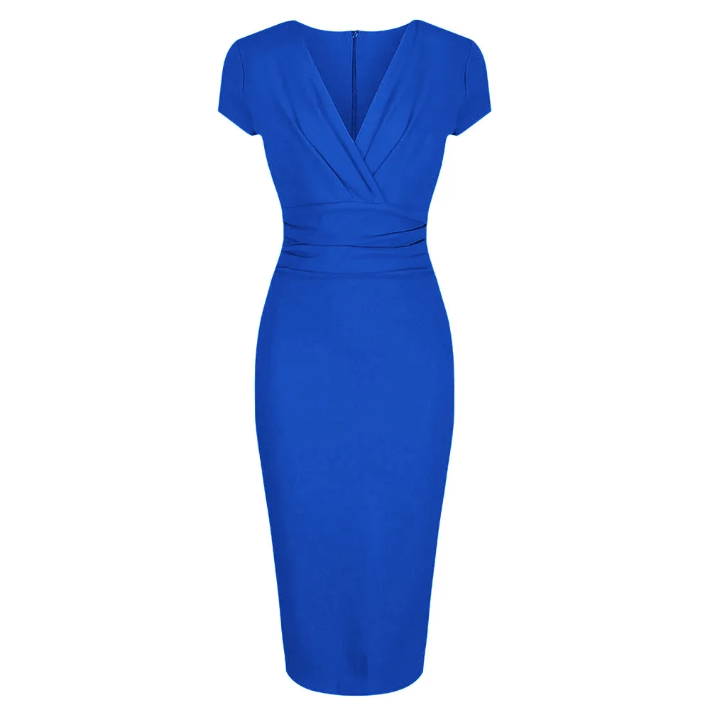 Royal Blue Deep V Cap Sleeve Bodycon Ruched Waist Wiggle Dress