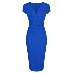 Royal Blue Deep V Cap Sleeve Bodycon Ruched Waist Wiggle Dress