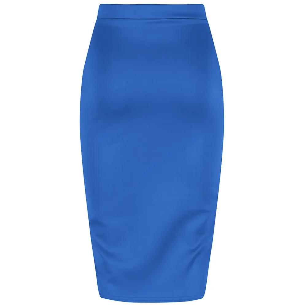 Royal Blue Stretch Pencil Bodycon Midi Work Office Skirt