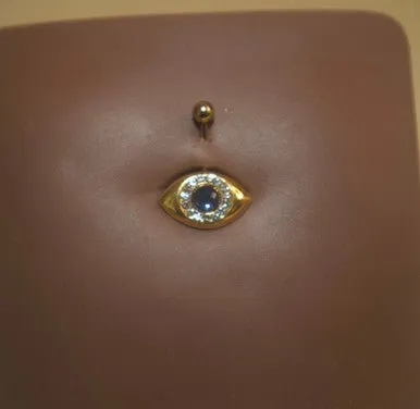 Steel Blue Eye Gem Navel Belly Button Ring