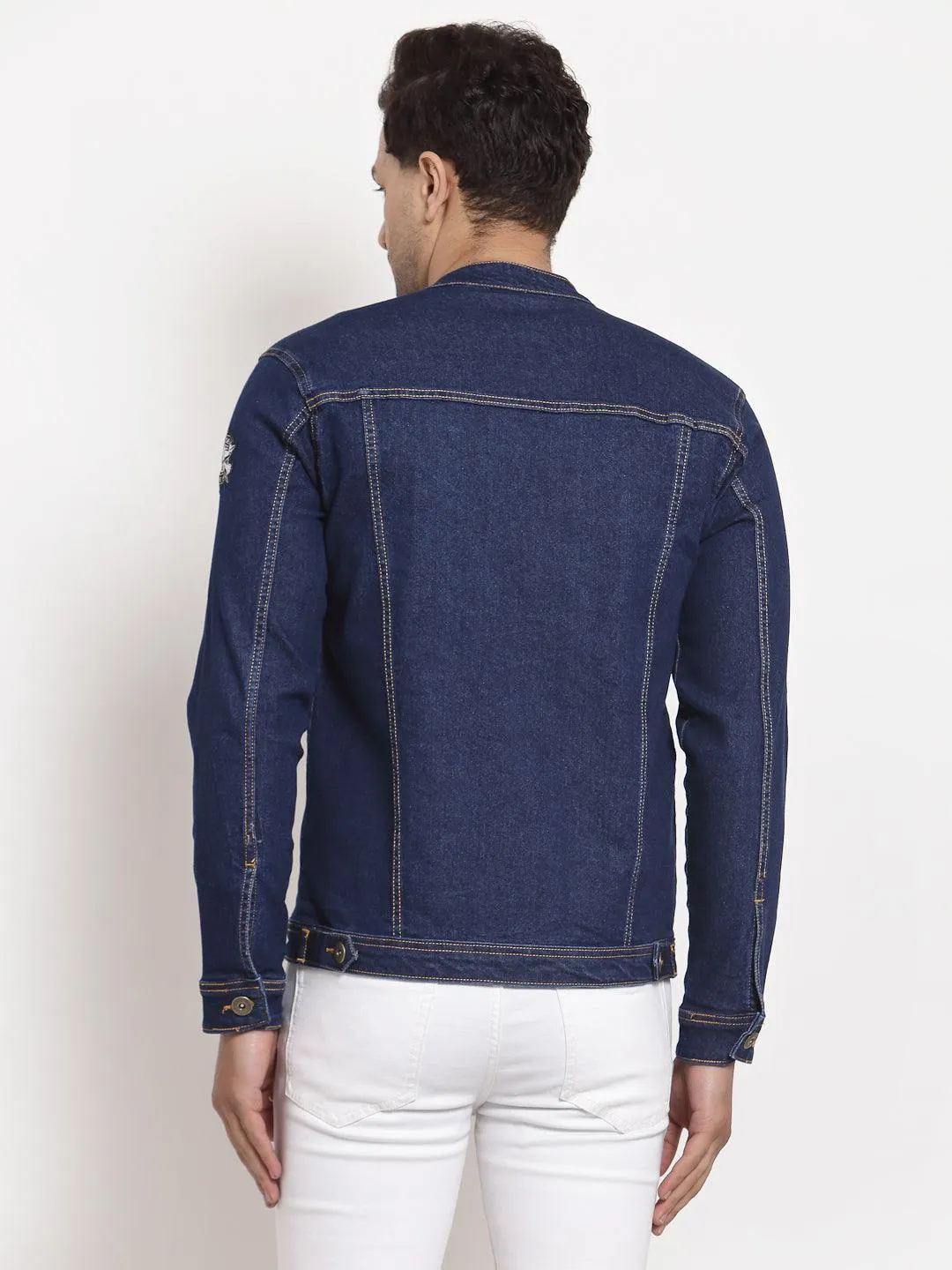 Style Quotient Men Blue Washed Denim Jacket with Patchwork