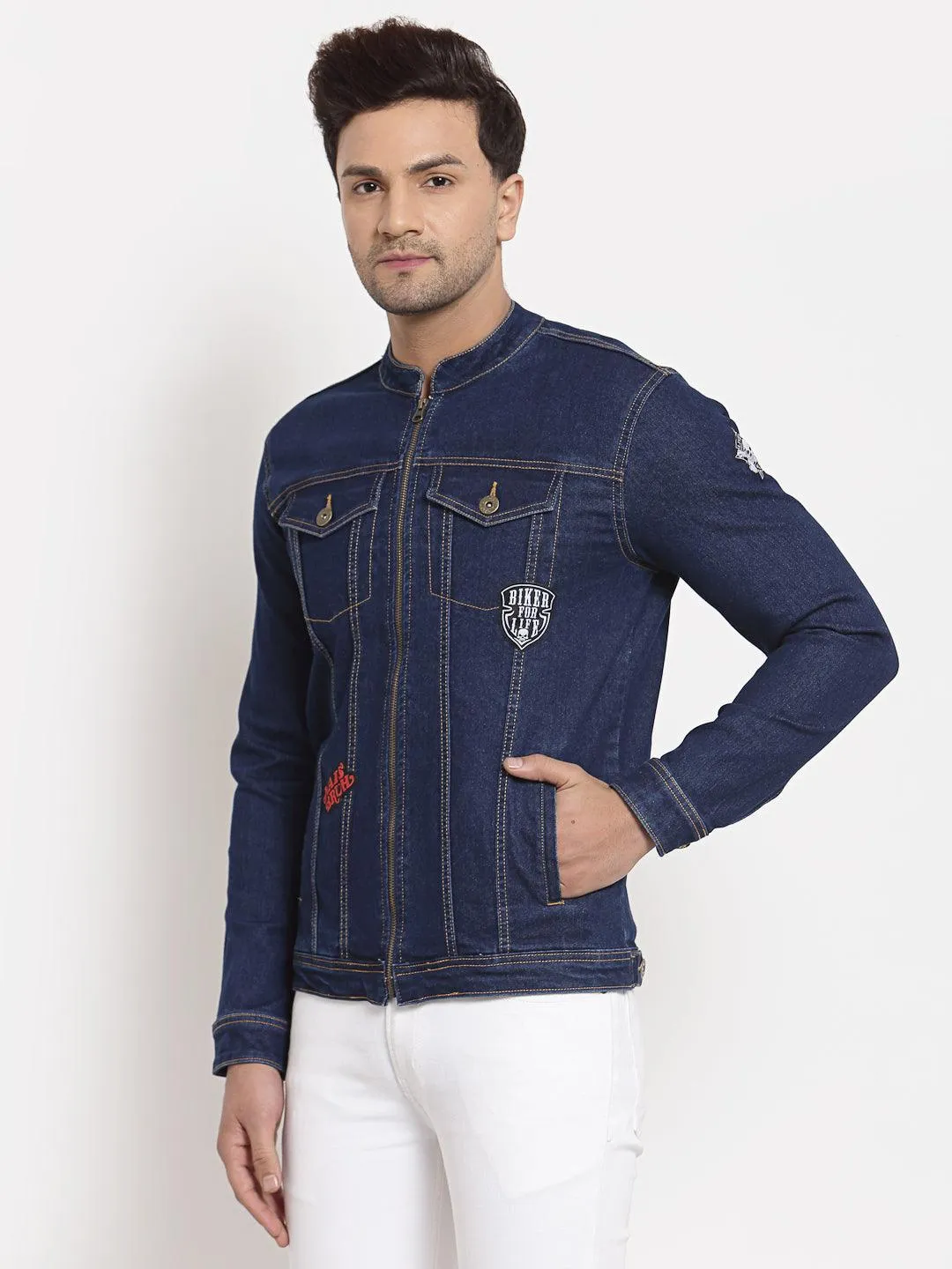 Style Quotient Men Blue Washed Denim Jacket with Patchwork