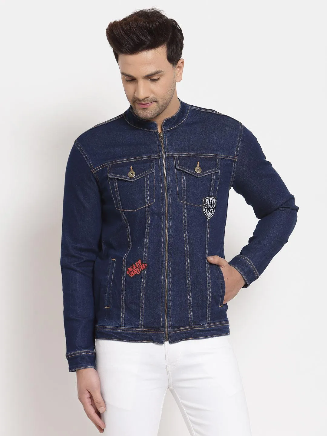 Style Quotient Men Blue Washed Denim Jacket with Patchwork