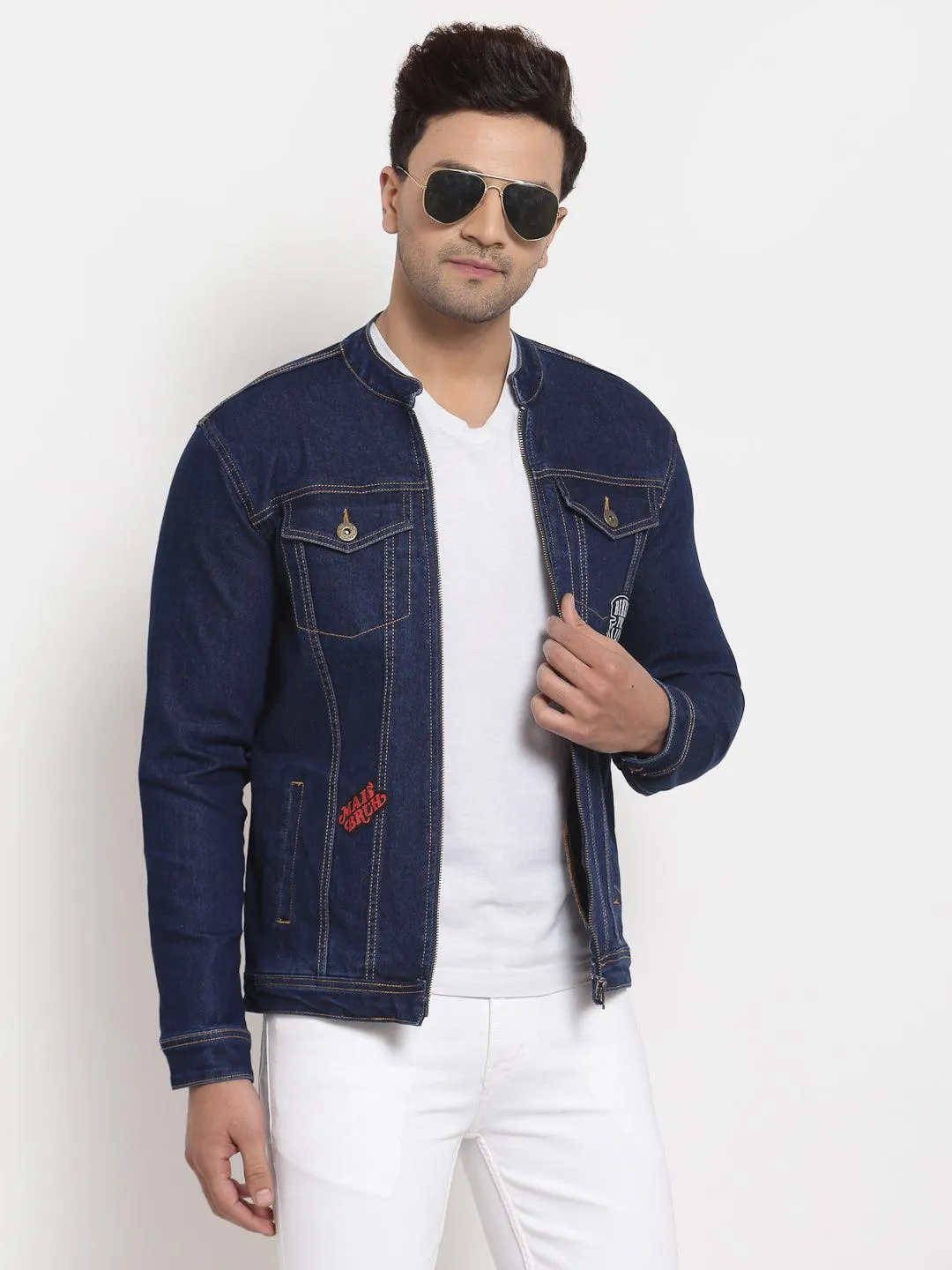 Style Quotient Men Blue Washed Denim Jacket with Patchwork