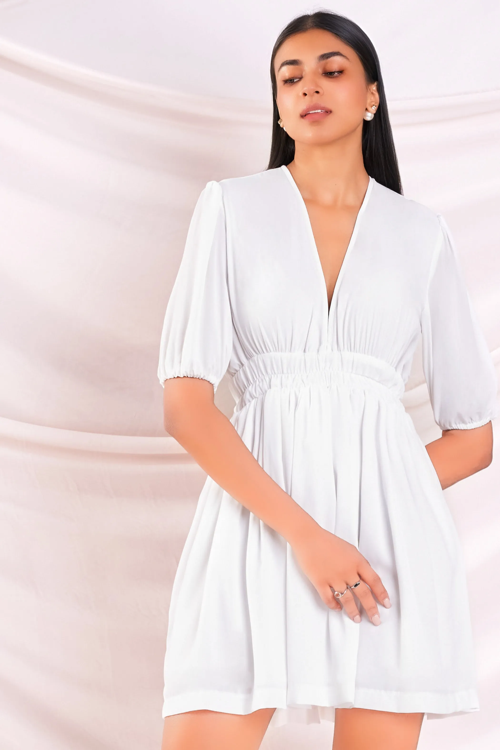 White Deep Neck Dress