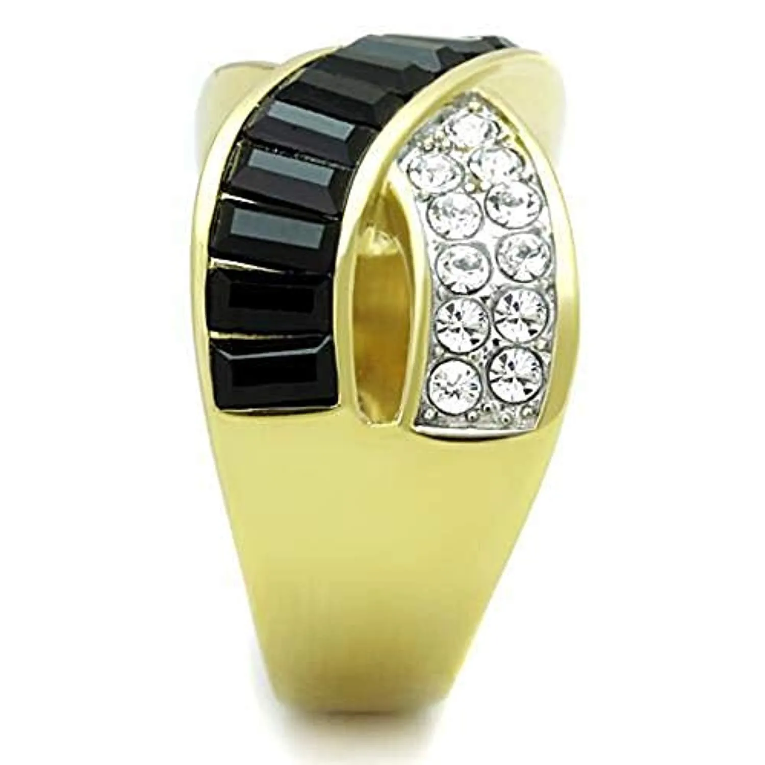 WildKlass Stainless Steel Ring Two-Tone IP Gold Women Top Grade Crystal Jet