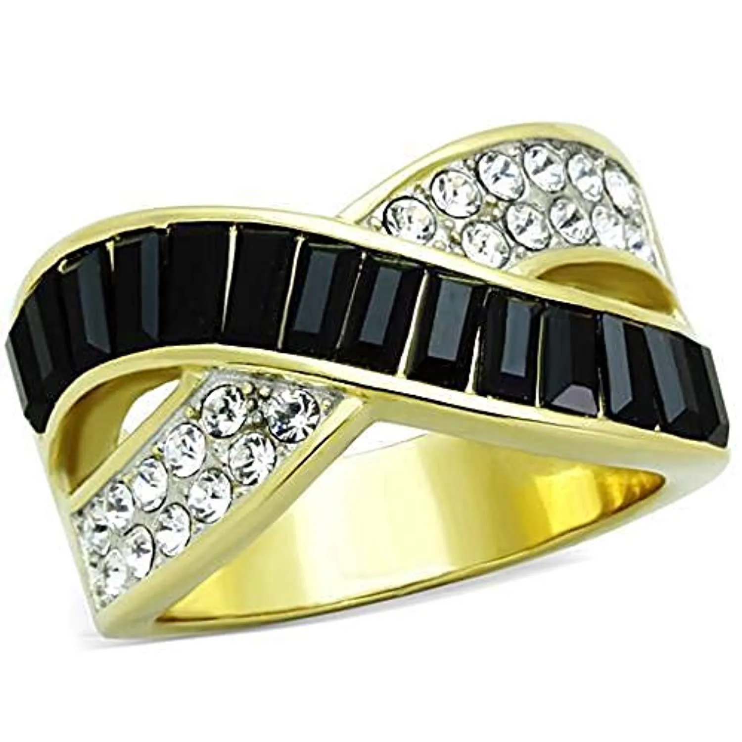 WildKlass Stainless Steel Ring Two-Tone IP Gold Women Top Grade Crystal Jet