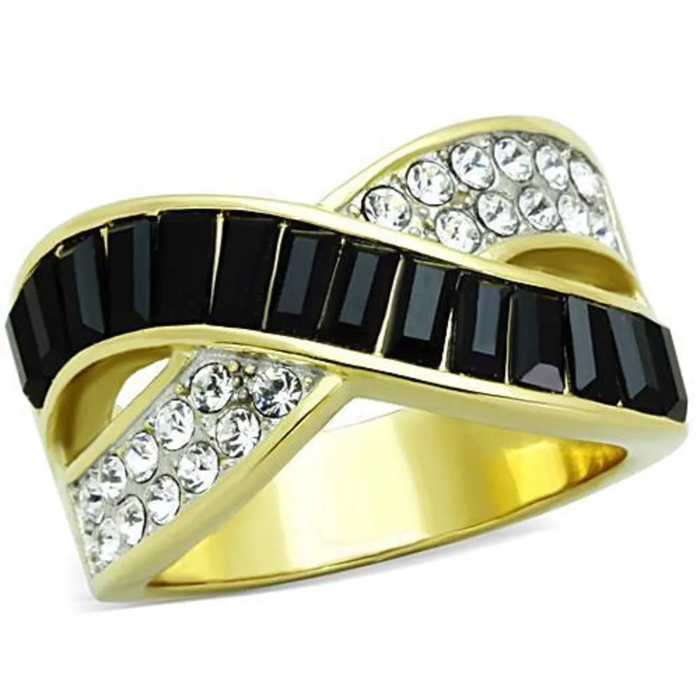 WildKlass Stainless Steel Ring Two-Tone IP Gold Women Top Grade Crystal Jet