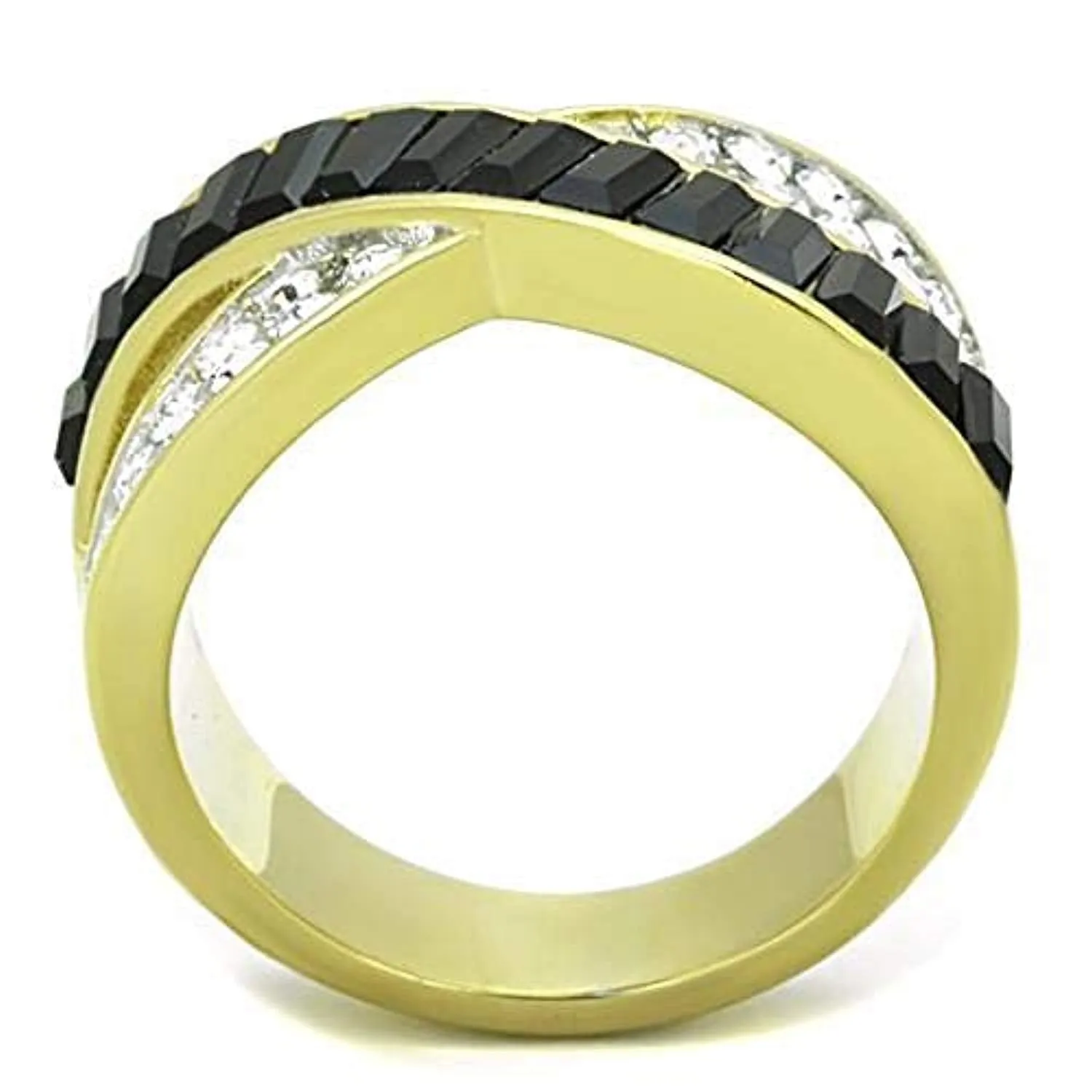 WildKlass Stainless Steel Ring Two-Tone IP Gold Women Top Grade Crystal Jet