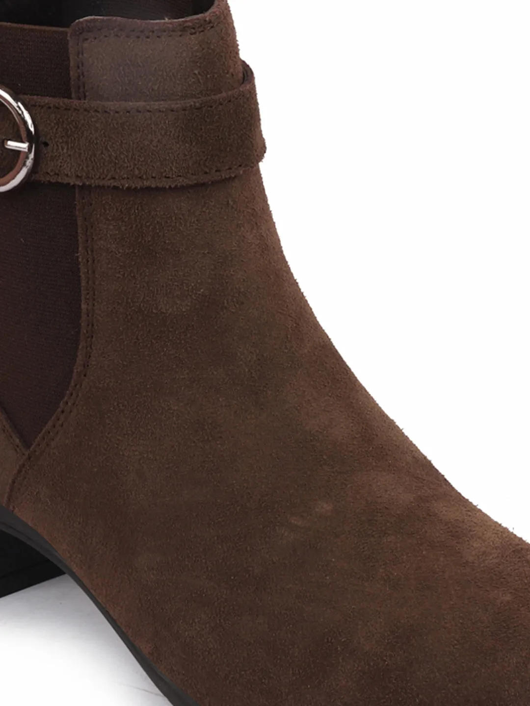 Women Brown Flared Heel High Ankle Suede Leather Classic Winter Buckle Strap Chelsea Boots