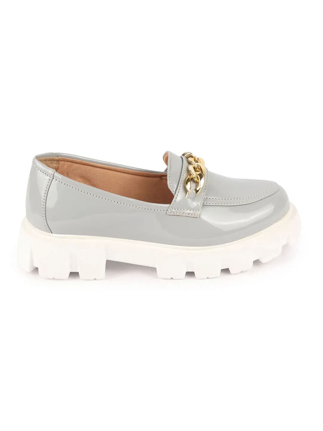 Women Grey Patent Leather Shiny Chain Buckle Classic Casual Slip On Loafer Shoes