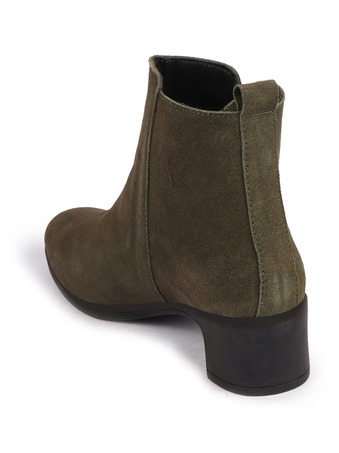 Women Olive Flared Heel Mid Top Suede Leather Zipper Closure Winter Chelsea Boots