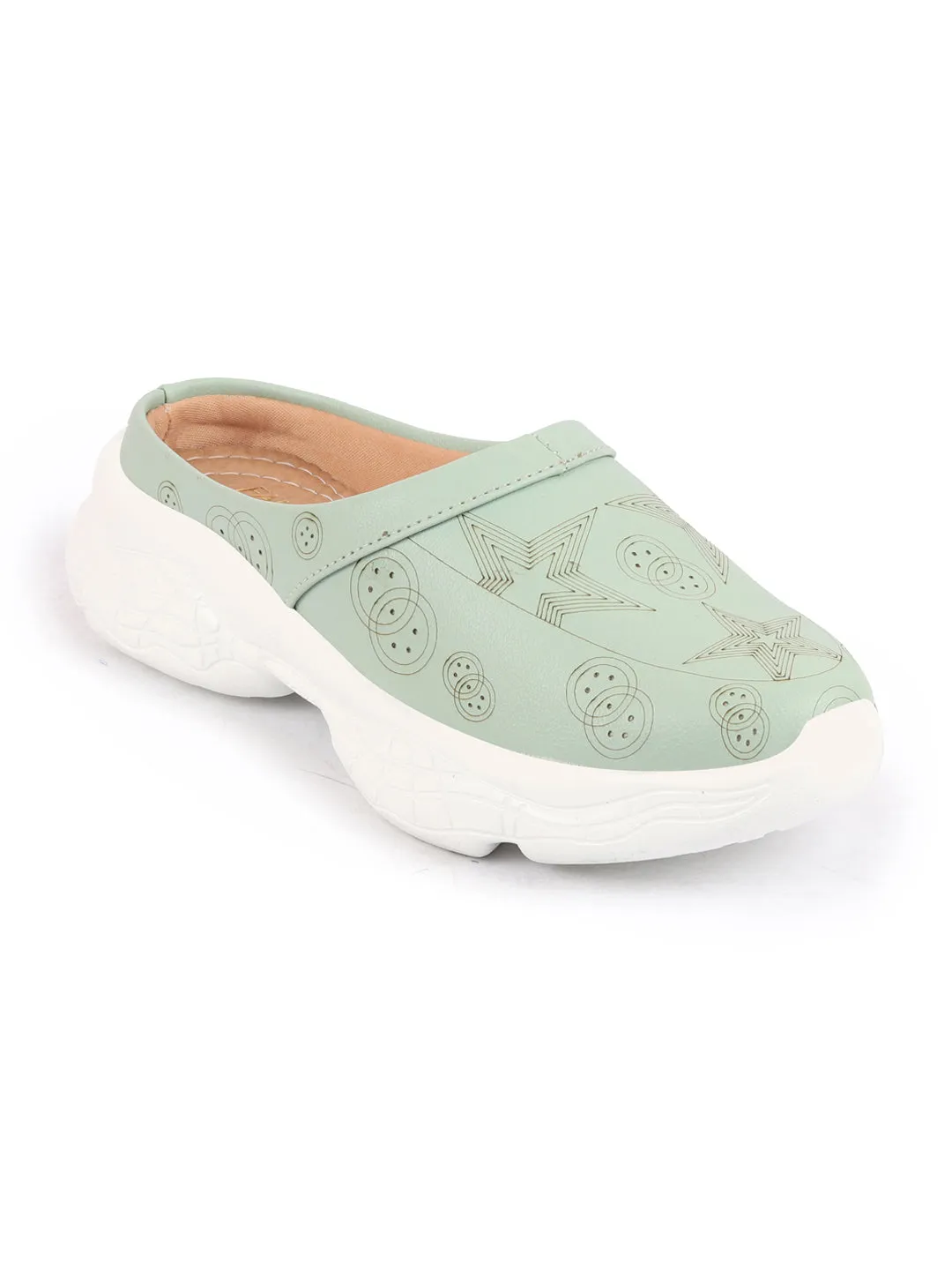 Women Parrot Green Laser Cut Star Design Back Open Slip-On Mules Shoes