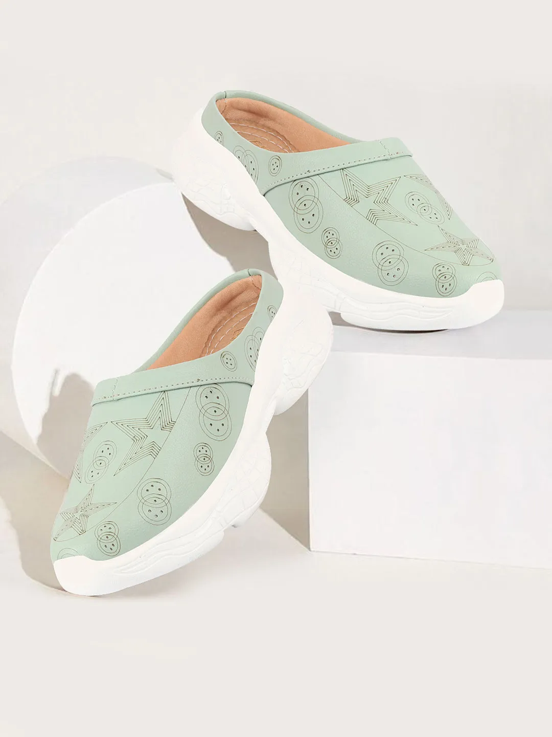 Women Parrot Green Laser Cut Star Design Back Open Slip-On Mules Shoes