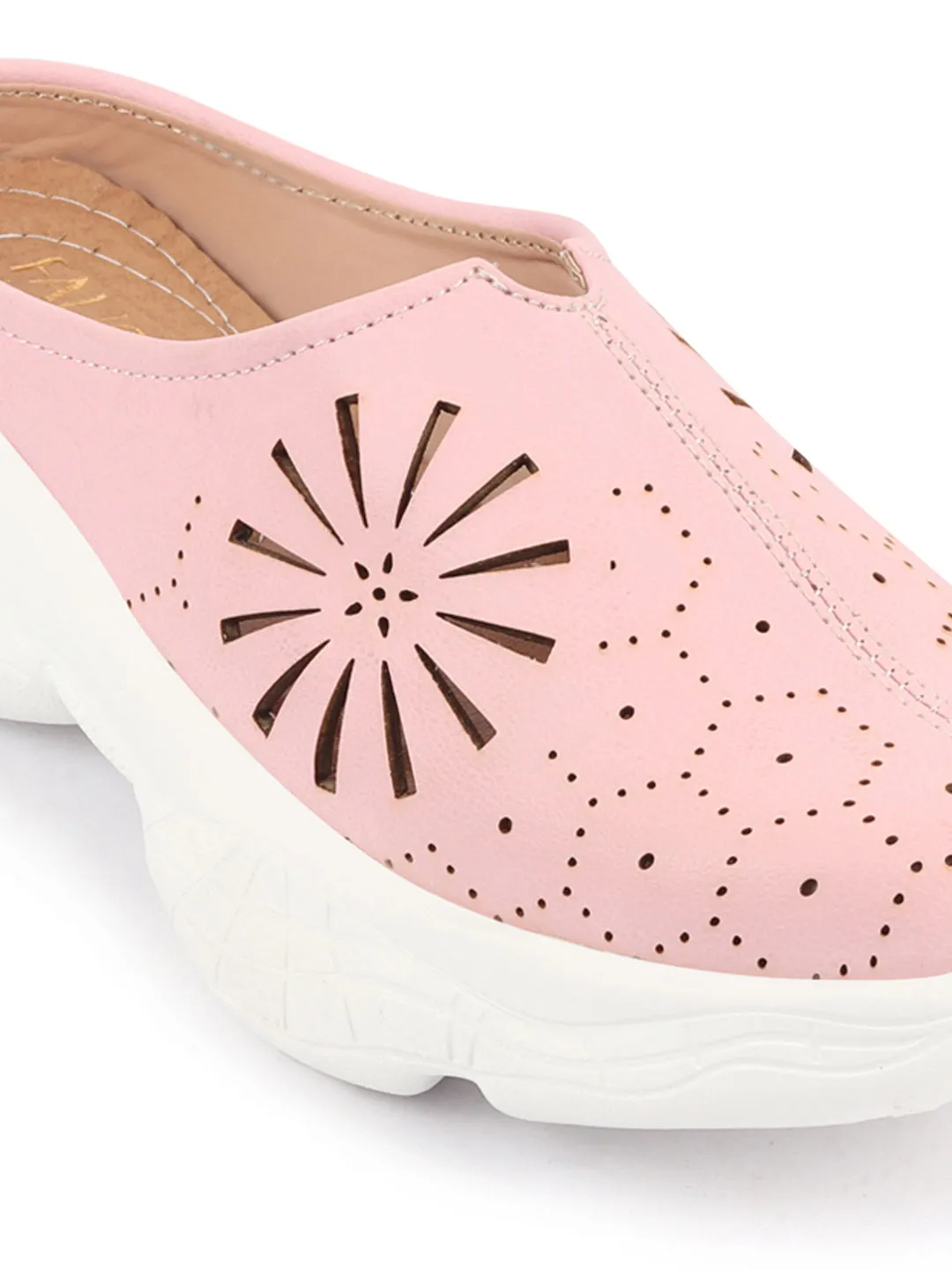 Women Pink Laser Cut Design Stitched Breathable Back Open Slip On Mules Shoes