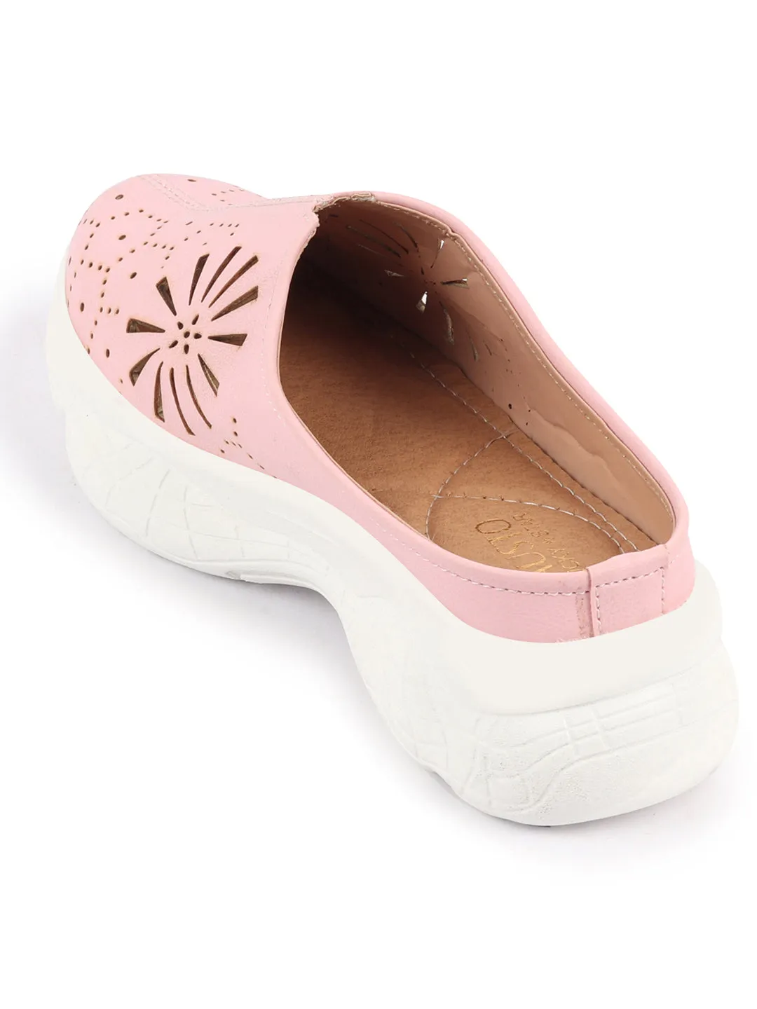 Women Pink Laser Cut Design Stitched Breathable Back Open Slip On Mules Shoes