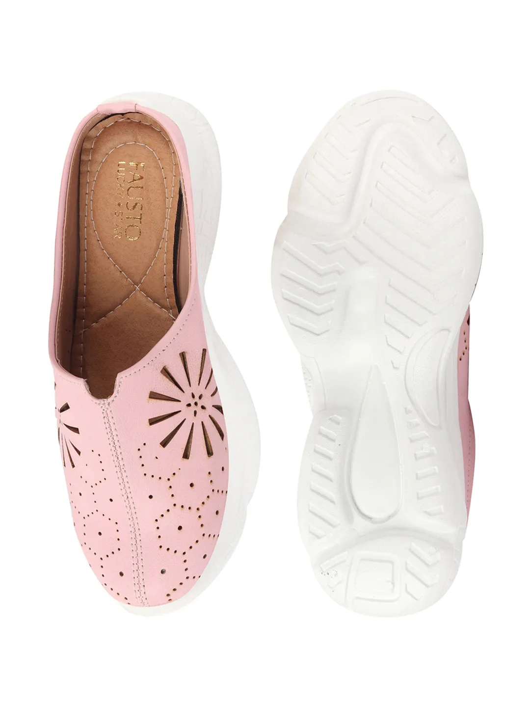 Women Pink Laser Cut Design Stitched Breathable Back Open Slip On Mules Shoes