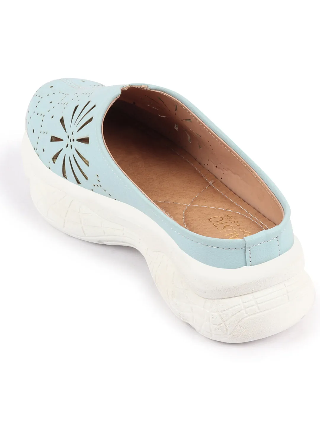 Women Sky Blue Laser Cut Design Stitched Breathable Back Open Slip On Mules Shoes