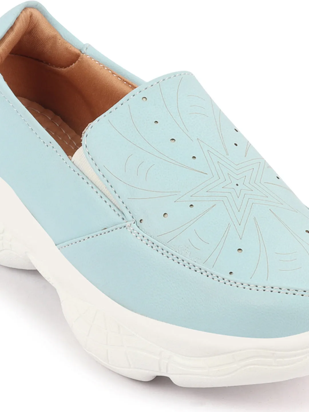 Women Sky Blue Printed Design Stitched Comfort Slip On Sneaker Shoes