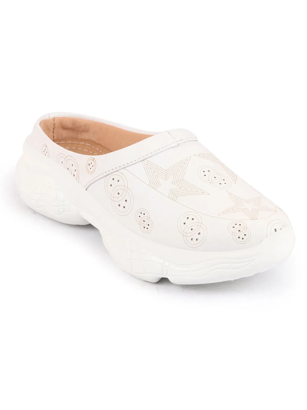 Women White Laser Cut Star Design Back Open Slip-On Mules Shoes