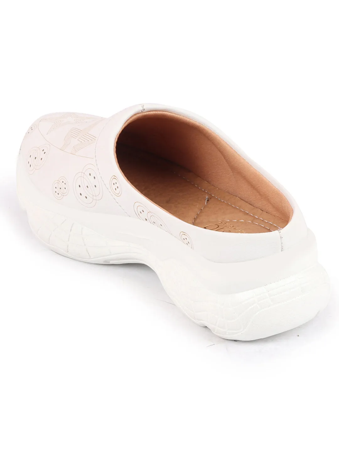 Women White Laser Cut Star Design Back Open Slip-On Mules Shoes