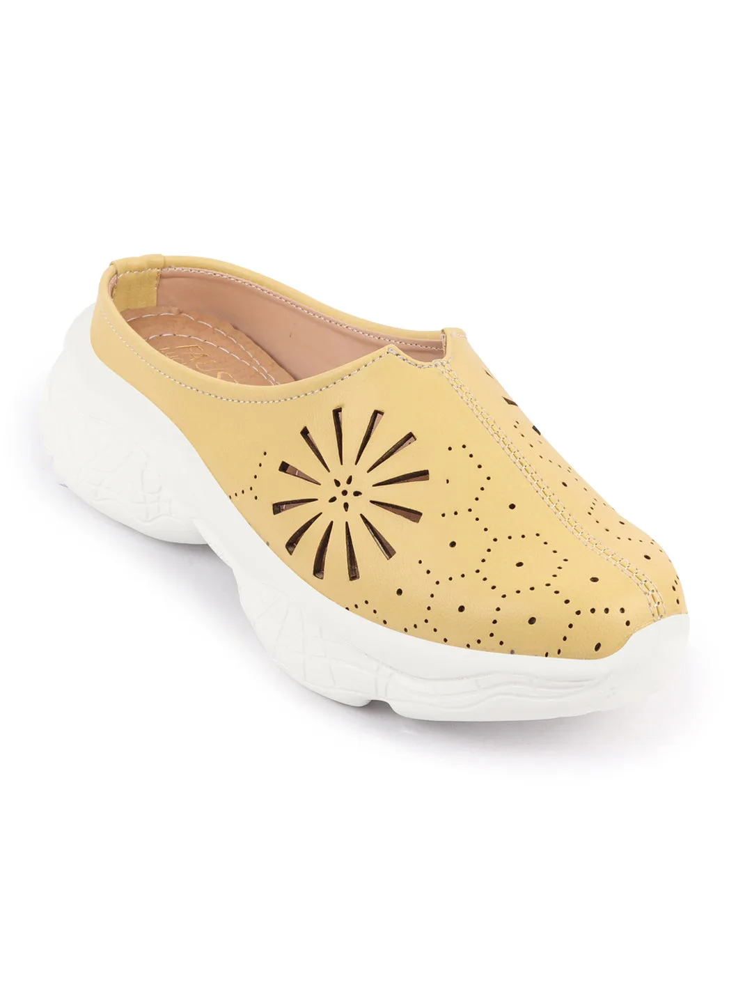 Women Yellow Laser Cut Design Stitched Breathable Back Open Slip On Mules Shoes