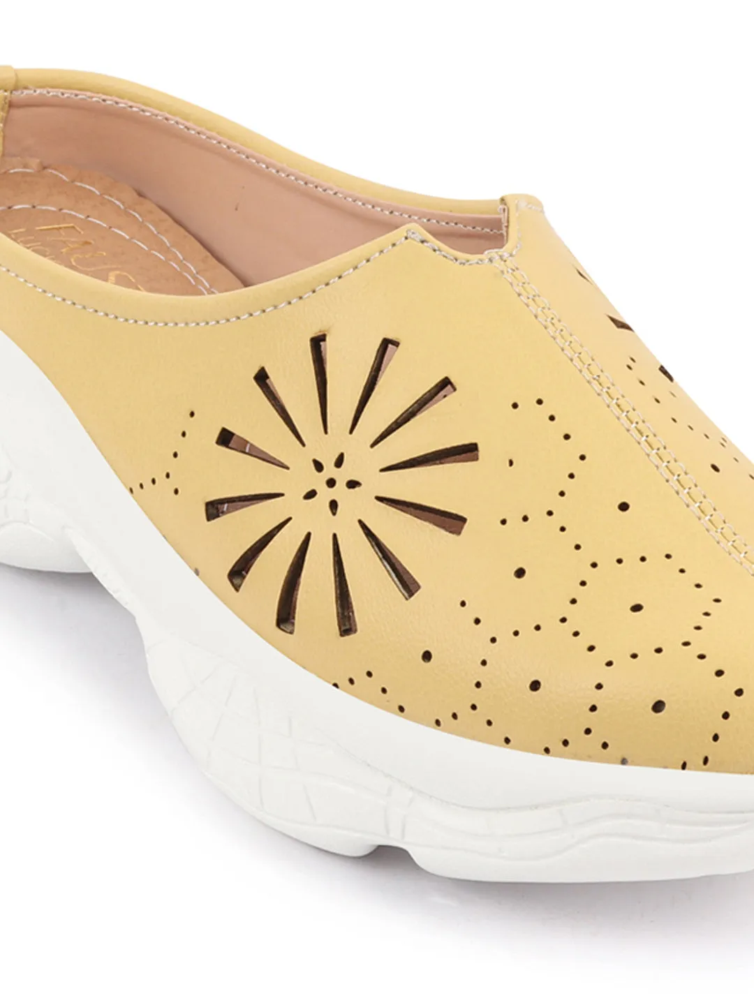 Women Yellow Laser Cut Design Stitched Breathable Back Open Slip On Mules Shoes